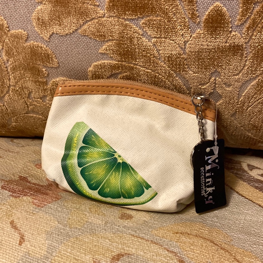 Minky zippered coin pouch with lime design. Key ring attached. New with tags.